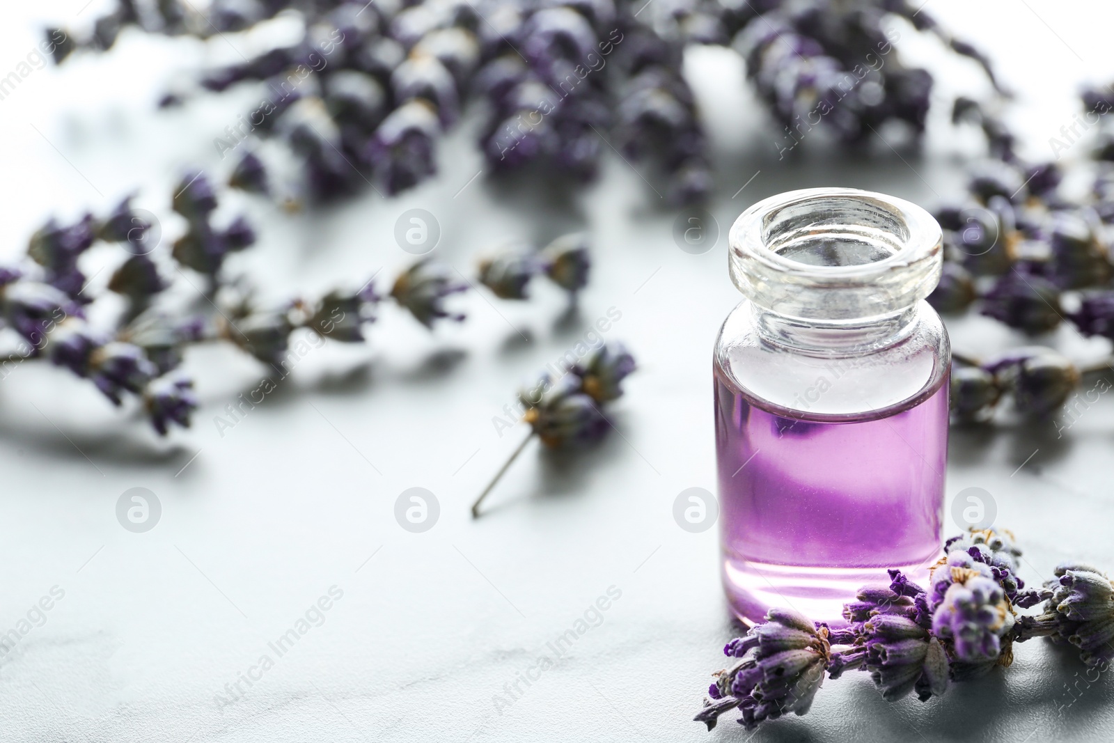 Photo of Bottle of natural essential oil and lavender flowers on light background