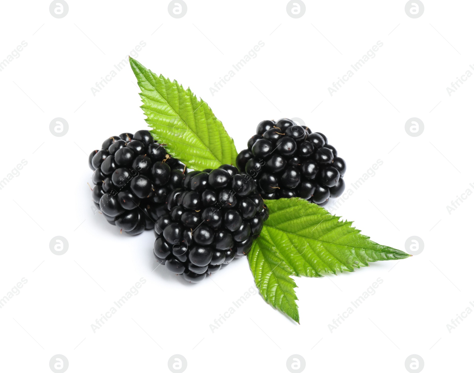 Photo of Delicious fresh ripe blackberries with leaves isolated  on white