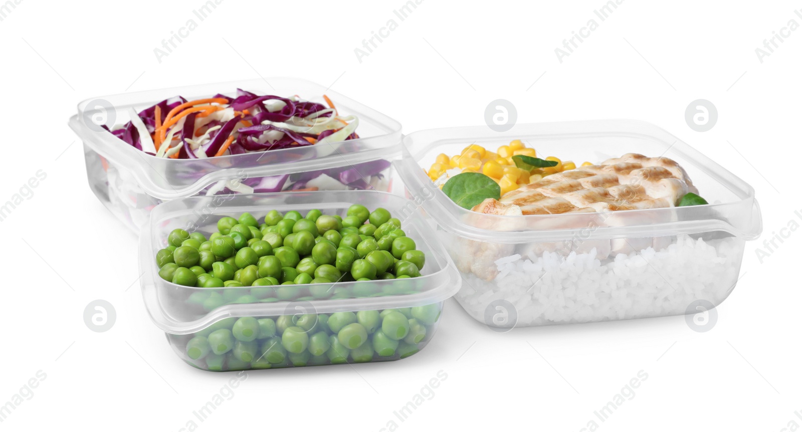 Photo of Plastic containers with fresh food on white background