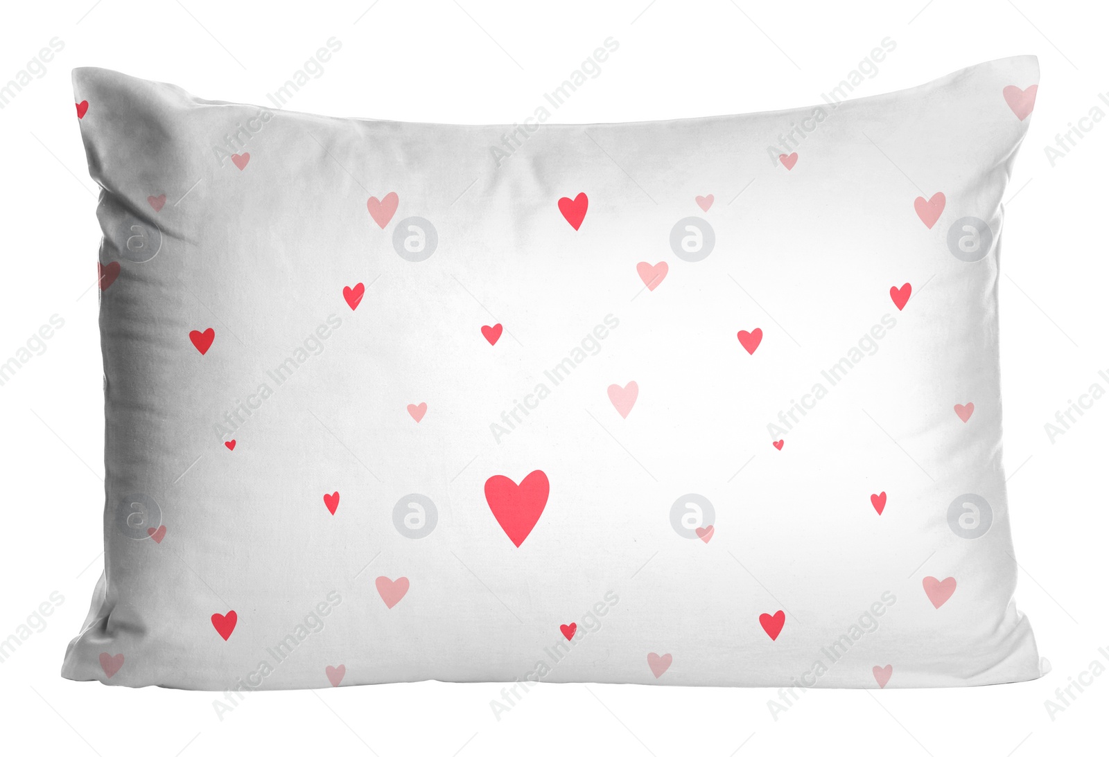 Image of Soft pillow with printed red hearts isolated on white