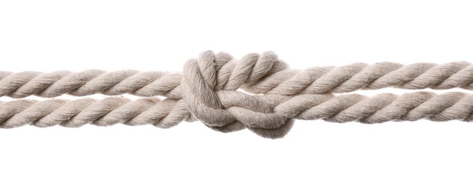 Photo of Cotton rope with knot on white background