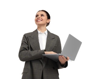 Beautiful businesswoman with laptop on white background, low angle view