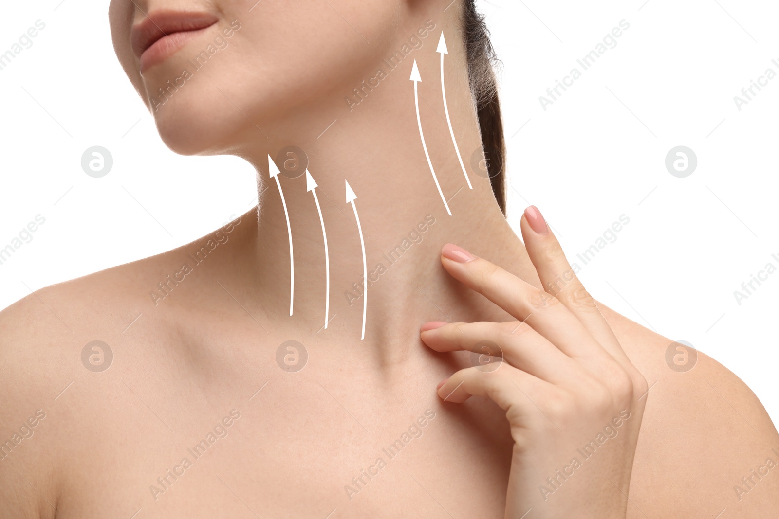 Image of Woman with perfect skin after cosmetic treatment on white background, closeup. Lifting arrows on her neck