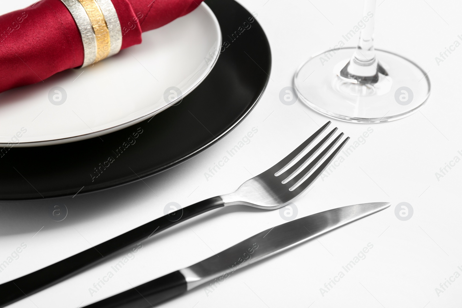 Photo of Elegant table setting on white background, closeup