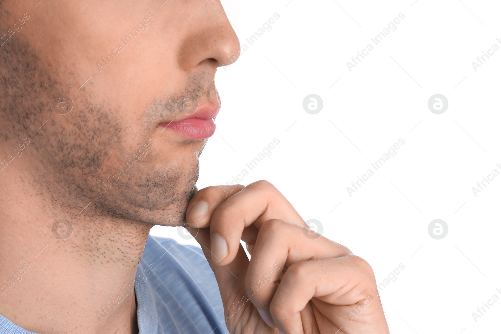 Photo of Young man with double chin on white background, closeup