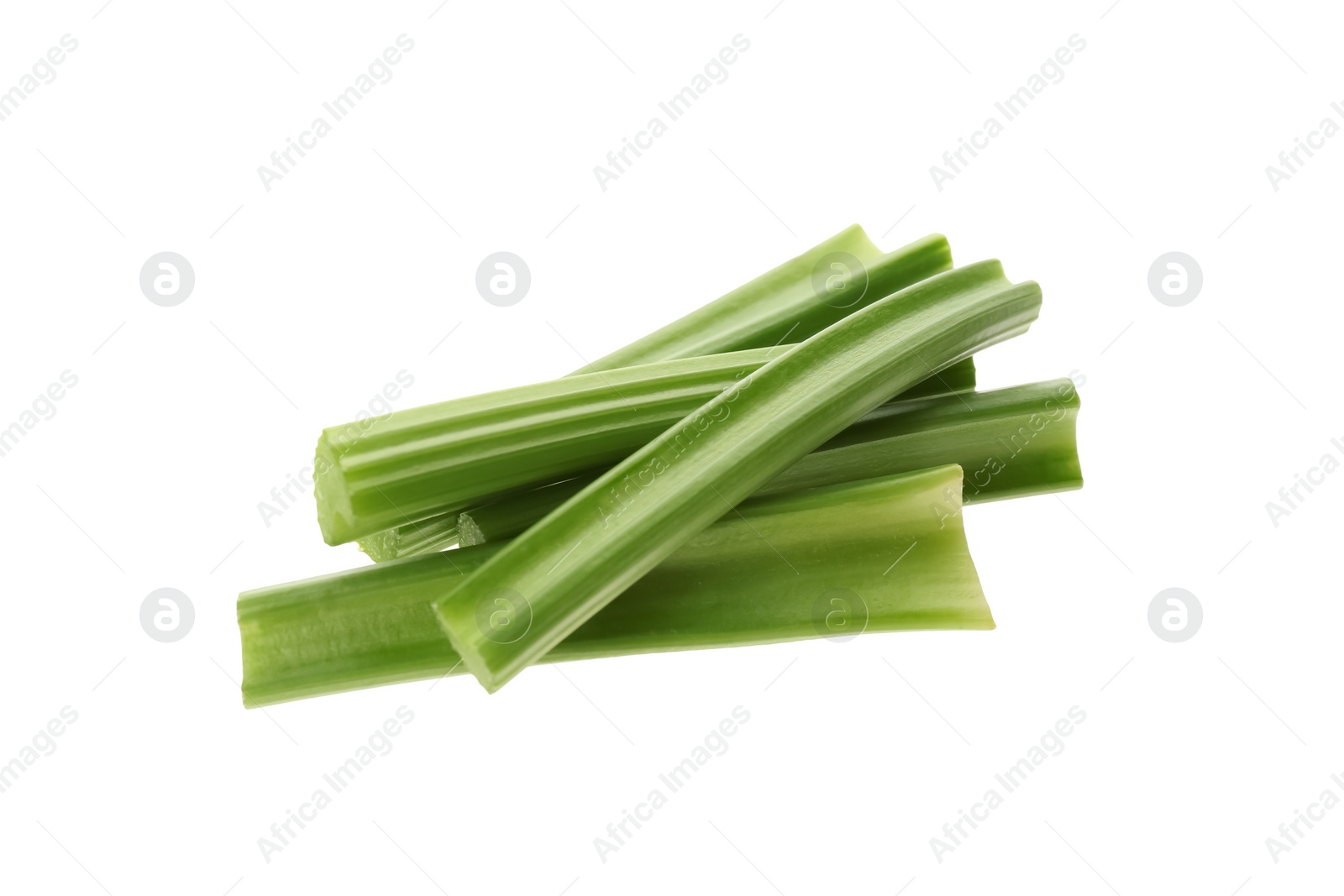 Photo of Fresh green celery sticks isolated on white