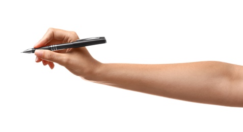 Photo of Young woman holding pen on white background, closeup