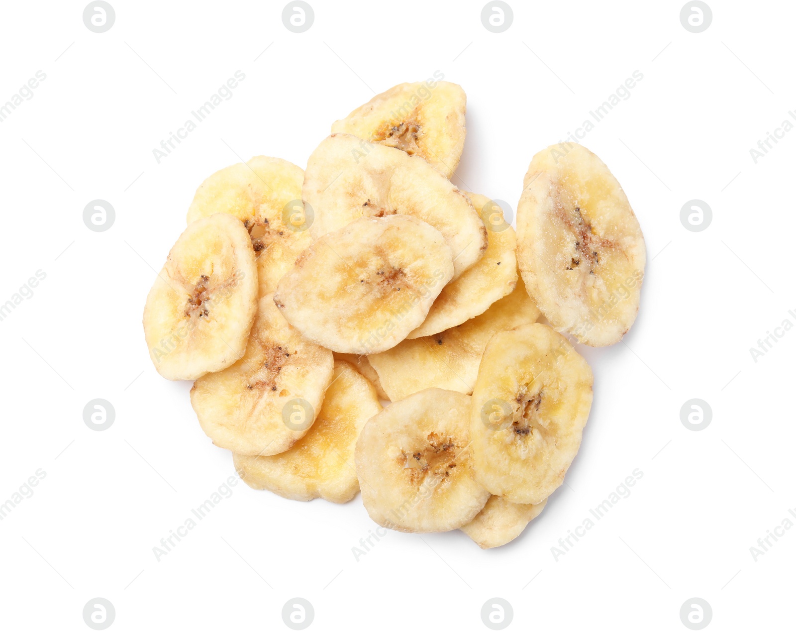 Photo of Heap of sweet banana slices on white background, top view. Dried fruit as healthy snack