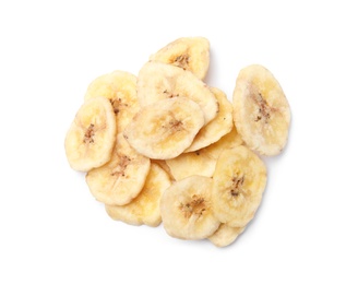 Photo of Heap of sweet banana slices on white background, top view. Dried fruit as healthy snack