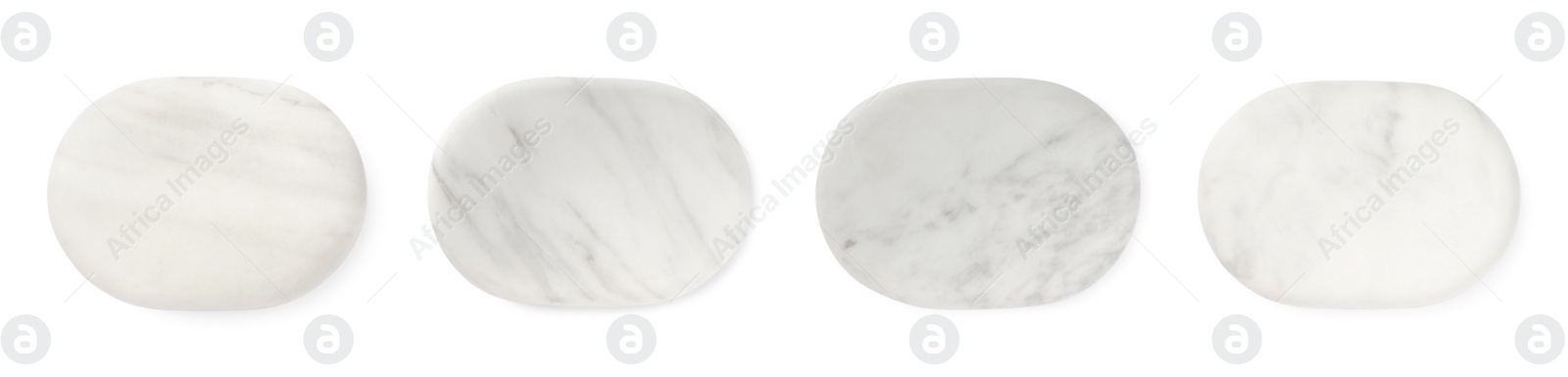 Image of Set with marble spa stones on white background, top view. Banner design