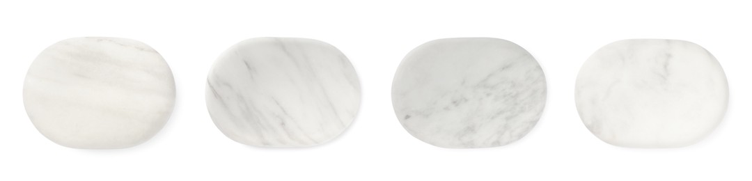 Image of Set with marble spa stones on white background, top view. Banner design