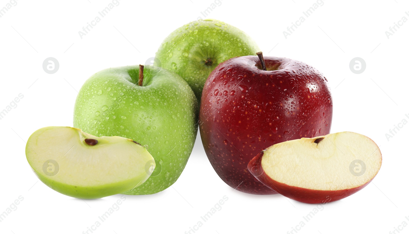 Image of Cut and whole fresh apples on white background