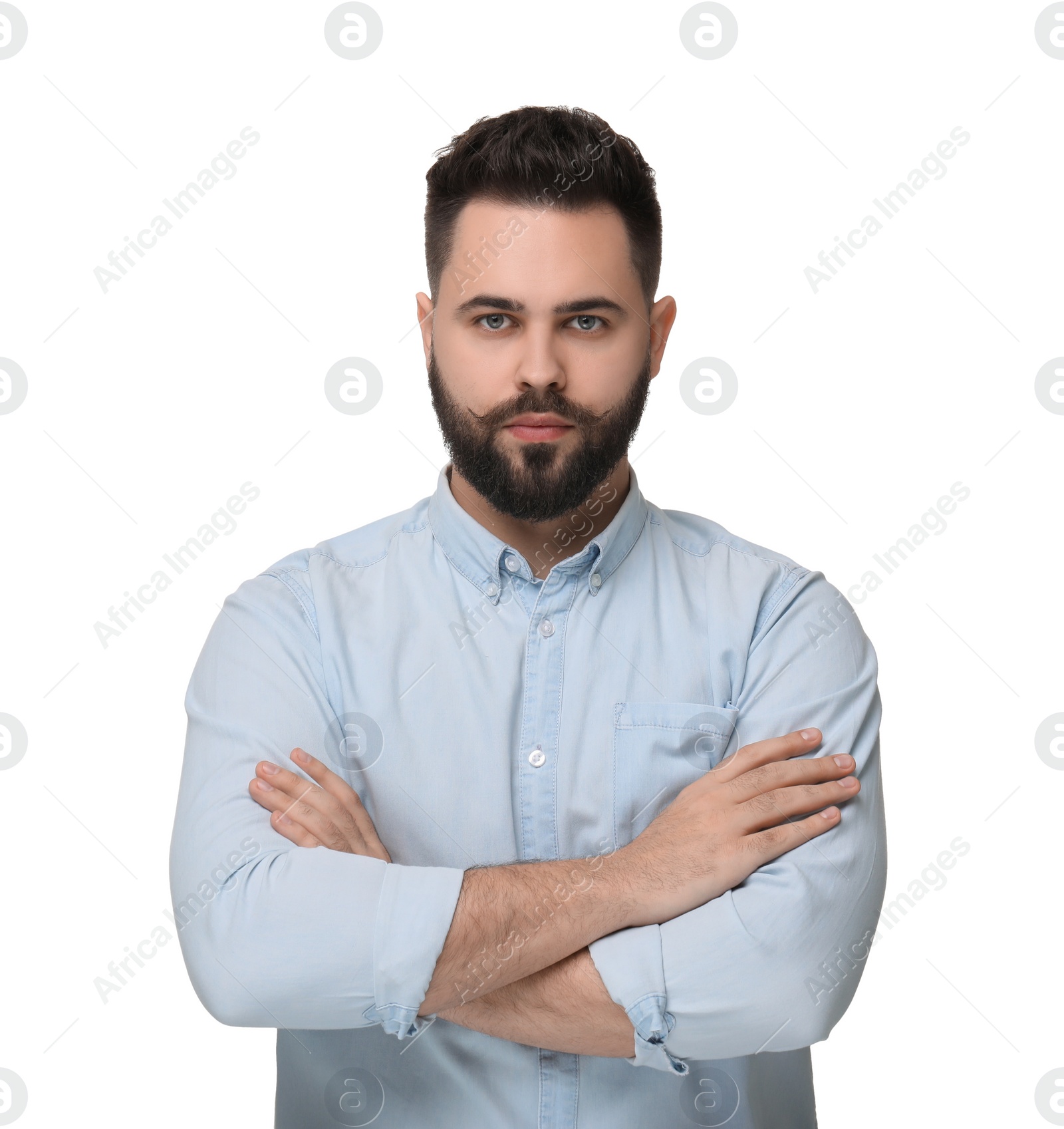 Photo of Portrait of young man with mustache on white background