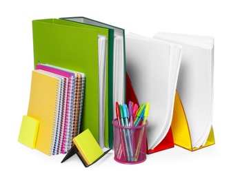 Photo of Bright office folders and different stationery isolated on white