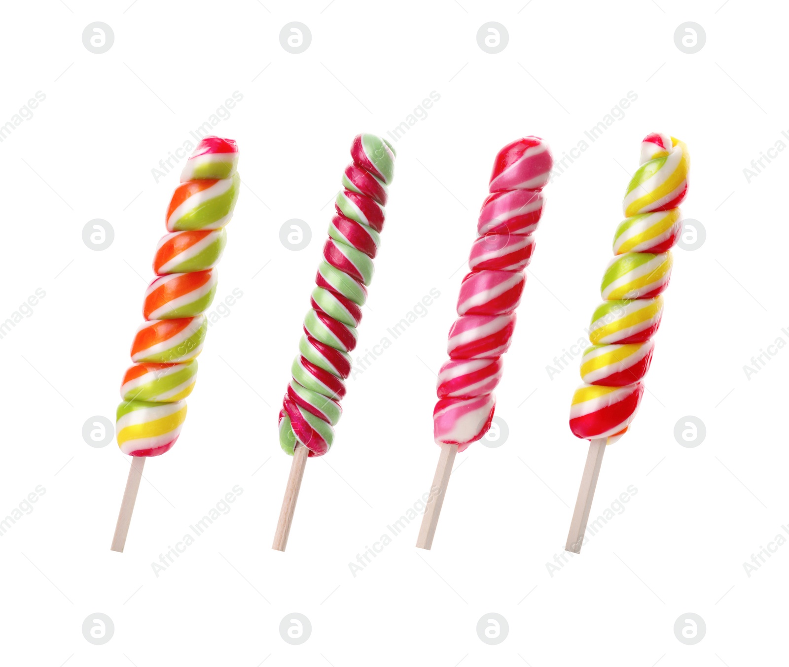 Image of Set with tasty colorful lollipops on white background 