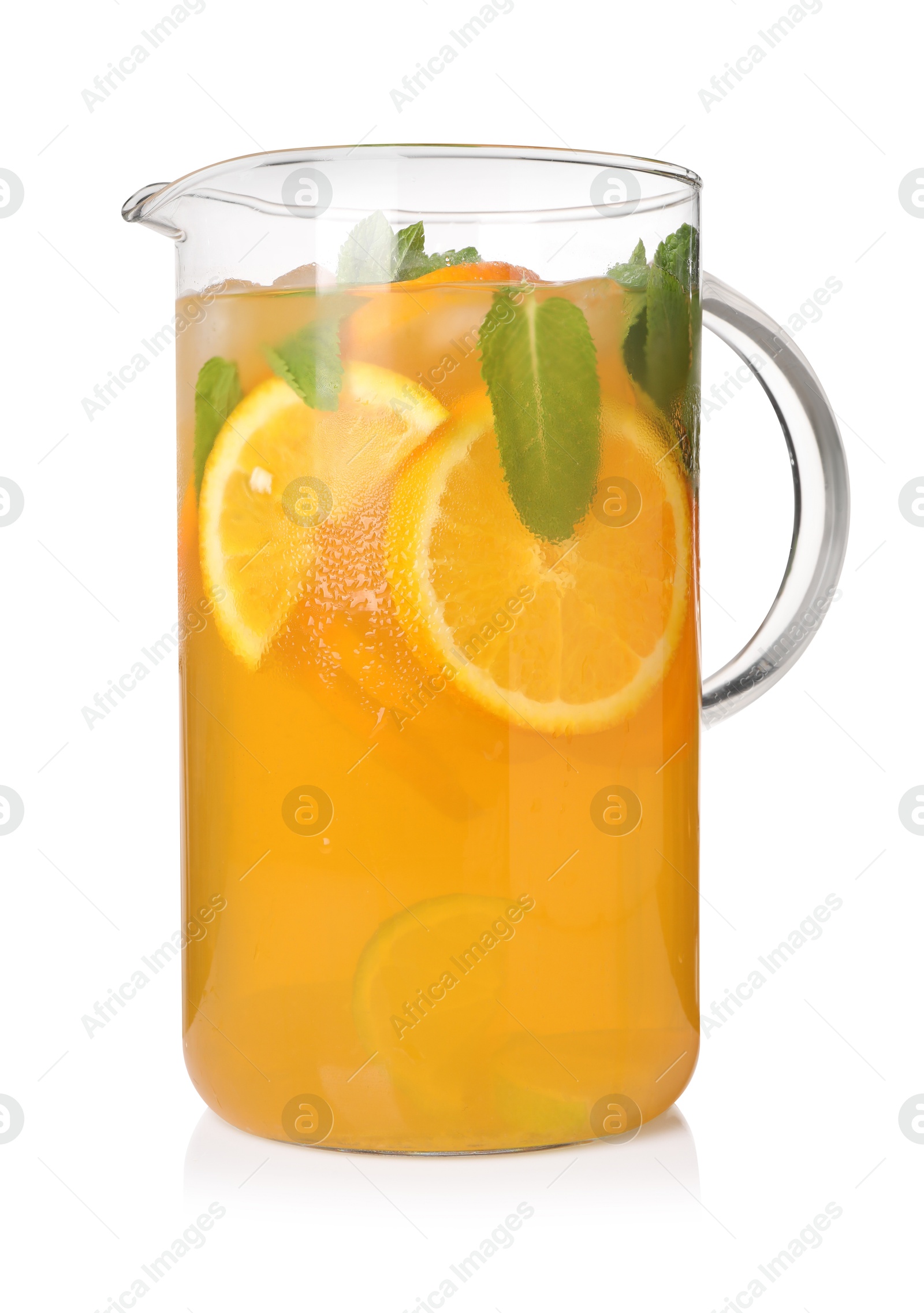 Photo of Freshly made lemonade in jug isolated on white