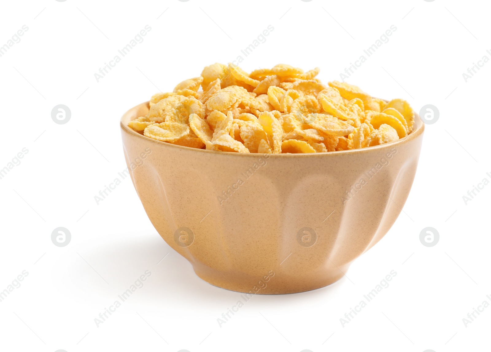 Photo of Bowl with crispy cornflakes on white background