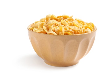 Bowl with crispy cornflakes on white background