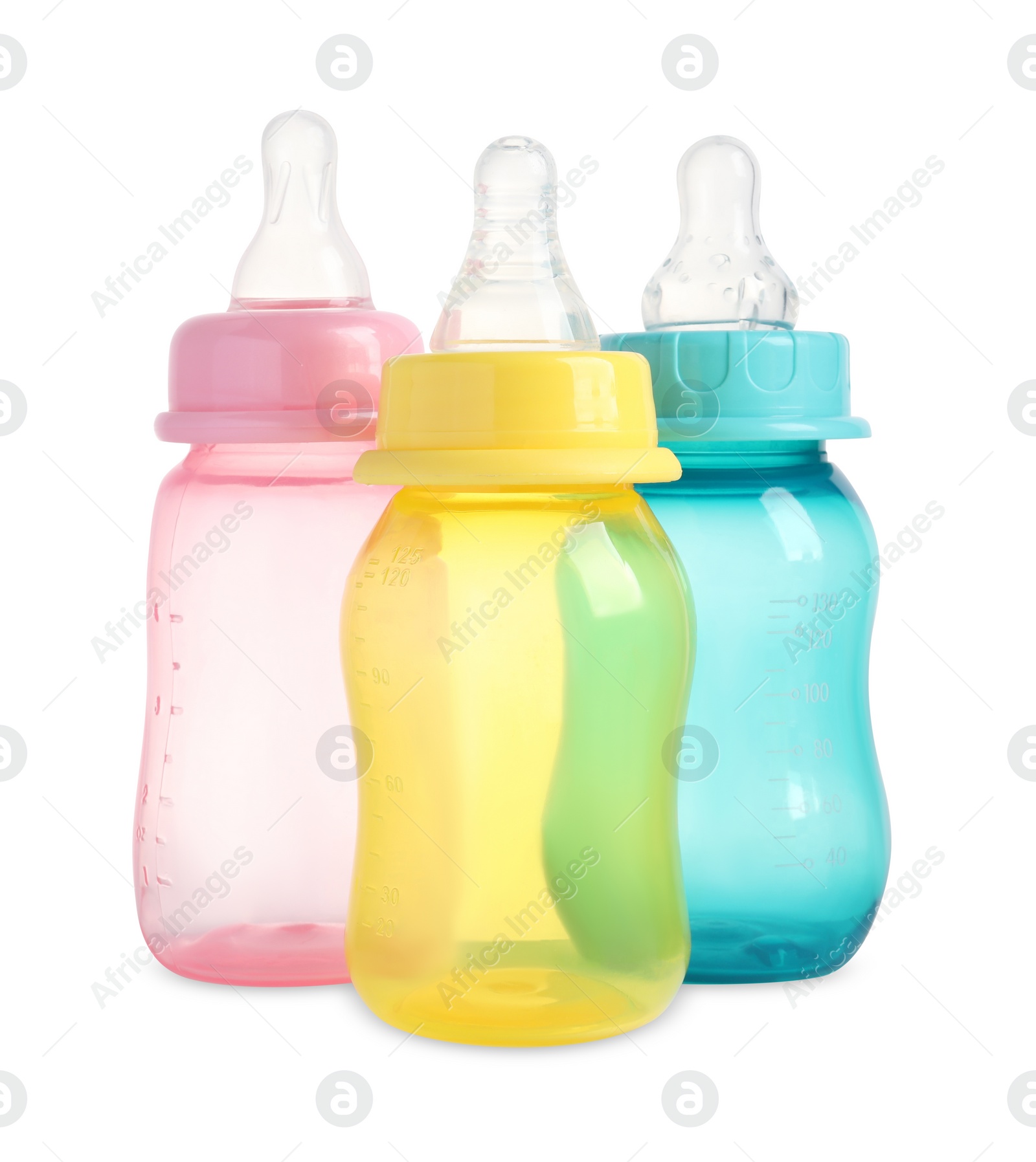 Photo of Three empty feeding bottles for baby milk isolated on white