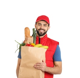 Man holding paper bag with fresh products on white background. Food delivery service