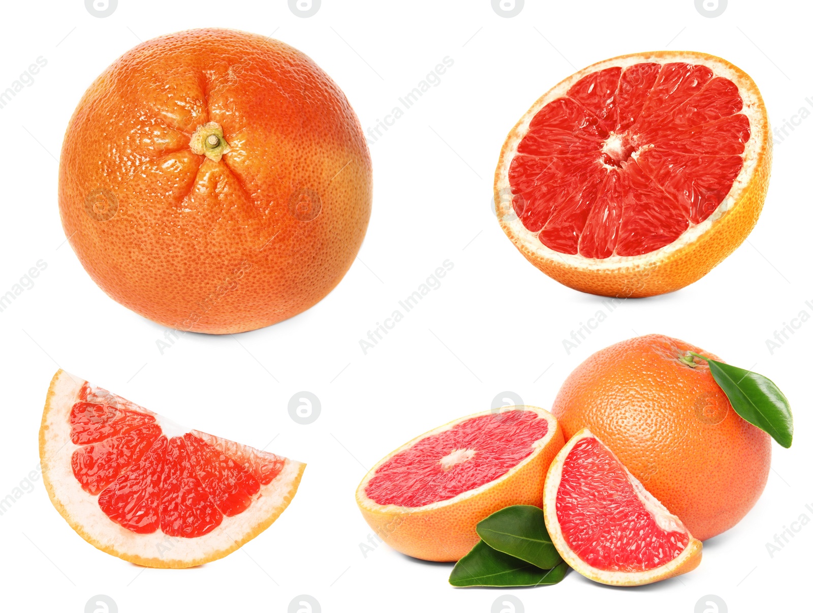 Image of Set with whole and cut ripe juicy grapefruits on white background