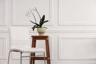 Photo of Blooming orchid flower in pot on wooden stand and chair near white wall indoors, space for text