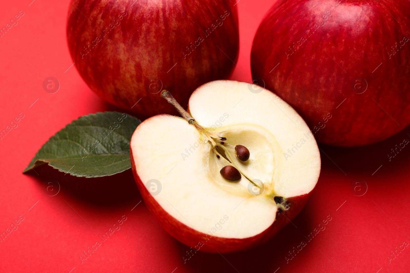 Photo of Whole, cut red apples and green leaf on color background, closeup