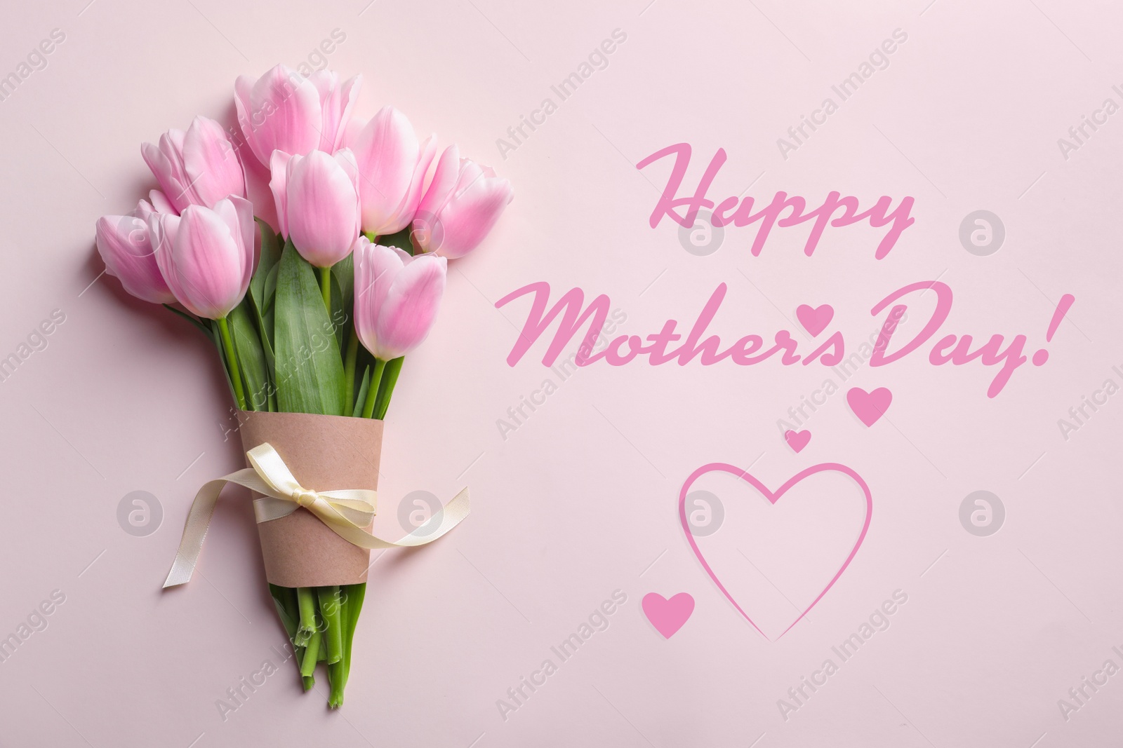 Image of Happy Mother's Day. Bouquet of beautiful tulips on pink background, top view