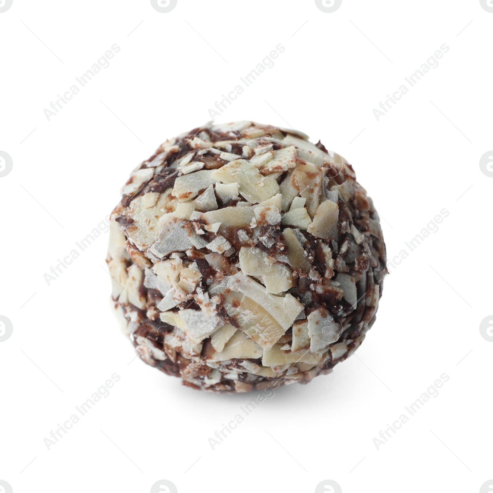 Photo of Delicious chocolate candy with almond flakes isolated on white