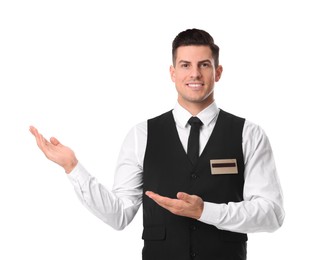 Photo of Portrait of happy receptionist in uniform on white background