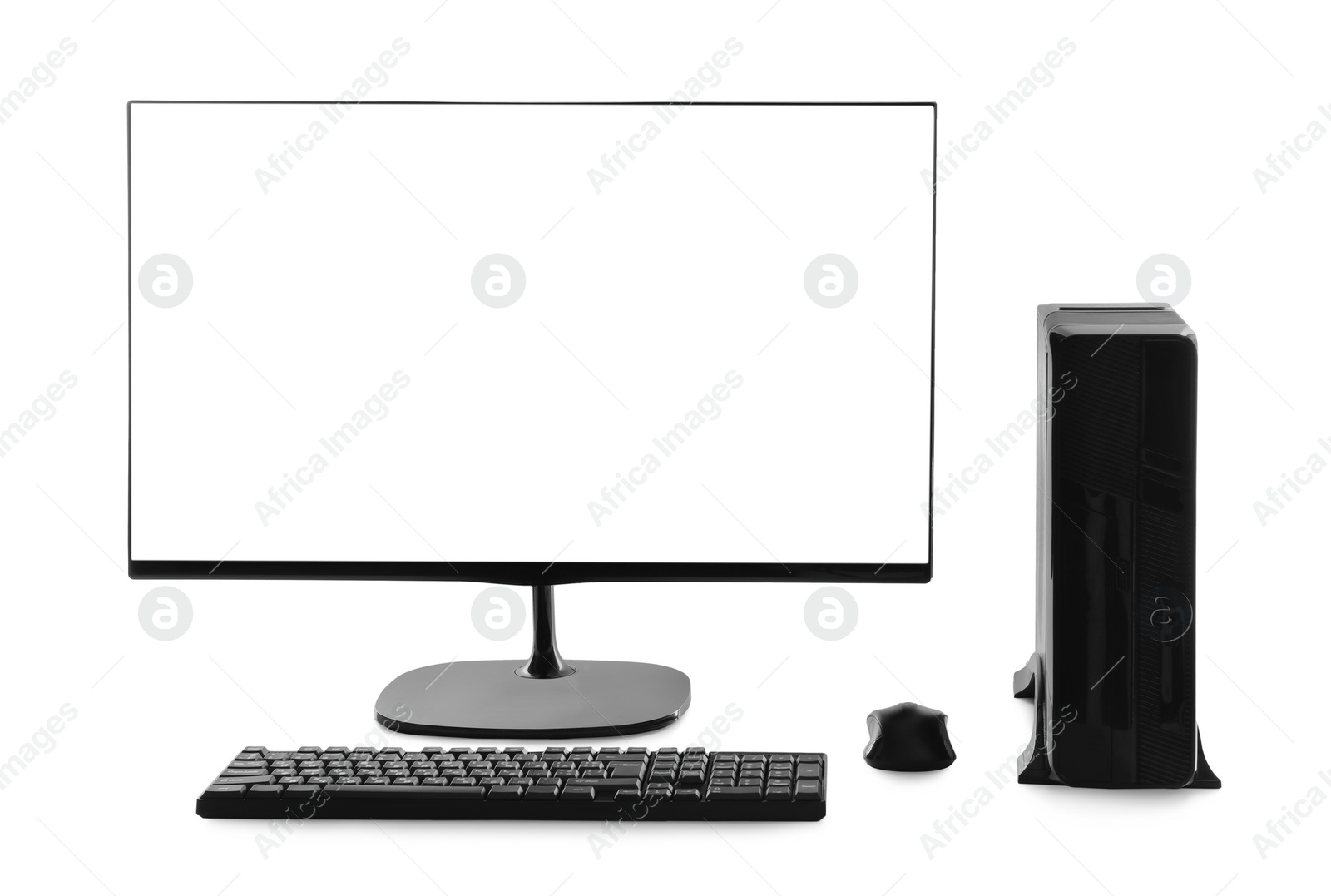 Photo of Modern computer monitor with black screen, keyboard and mouse on white background