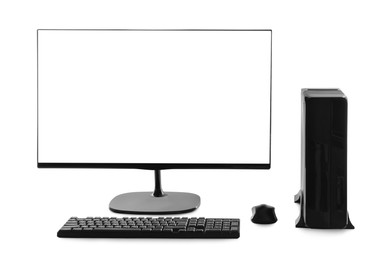 Photo of Modern computer monitor with black screen, keyboard and mouse on white background