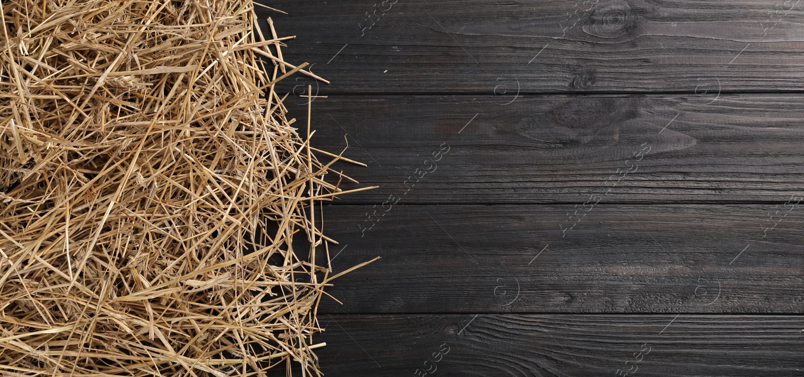 Photo of Dried straw on dark wooden table, top view. Space for text