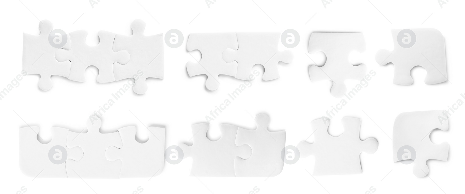 Image of Set with jigsaw puzzle pieces on white background, top view. Banner design 