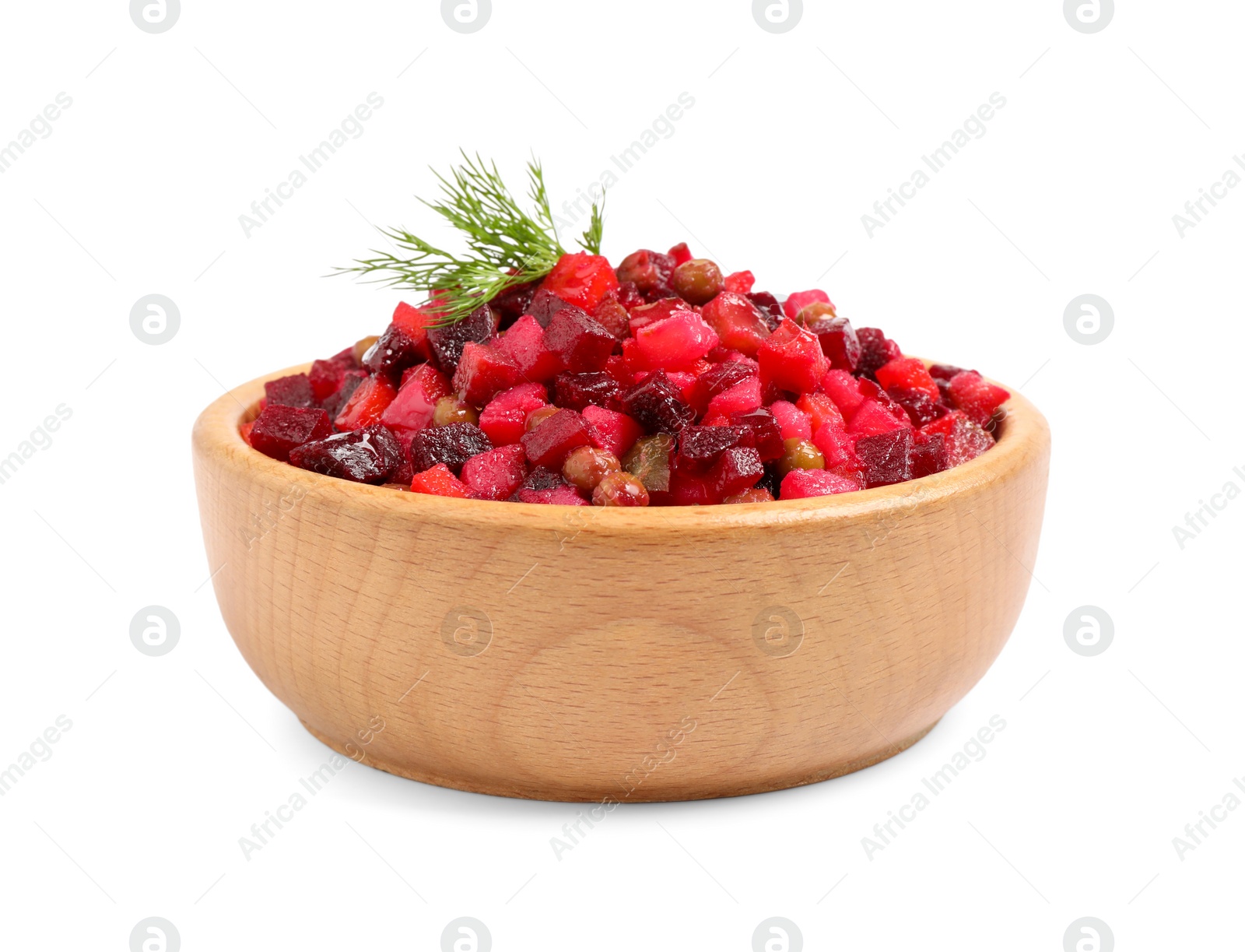 Photo of Traditional Russian salad vinaigrette in bowl isolated on white