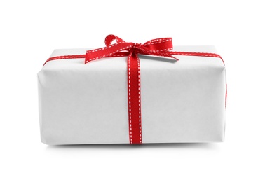 Photo of Beautifully wrapped gift box on white background