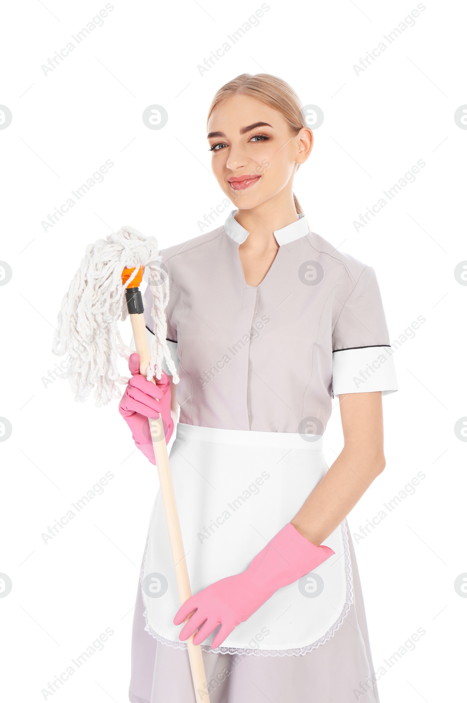 Photo of Young chambermaid with mop on white background