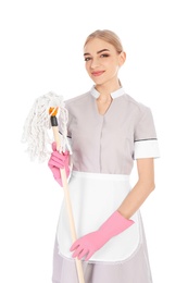 Young chambermaid with mop on white background