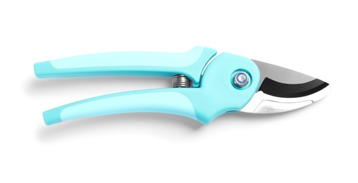 Photo of New pruner on white background. Professional gardening tool