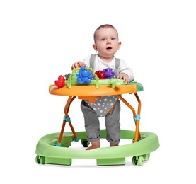 Photo of Portrait of cute little boy in baby walker on white background