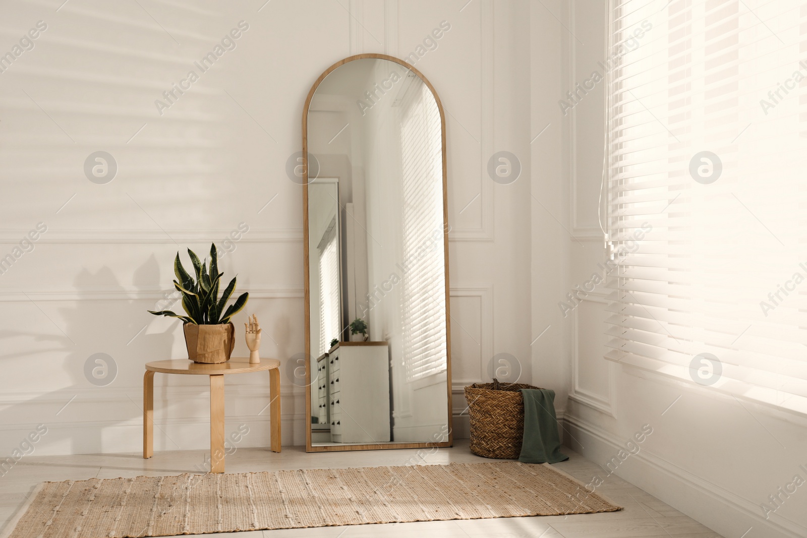 Photo of Beautiful mirror and plants near white wall indoors. Interior design