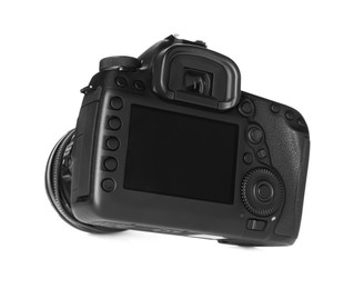 Photo of Modern digital camera isolated on white. Photography equipment