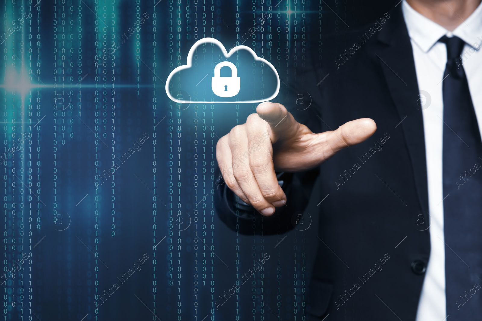 Image of Cyber security concept. Businessman touching cloud with padlock illustration, closeup