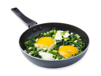 Pan with green shakshuka isolated on white