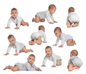 Image of Collage with photos cute little baby crawling on white background