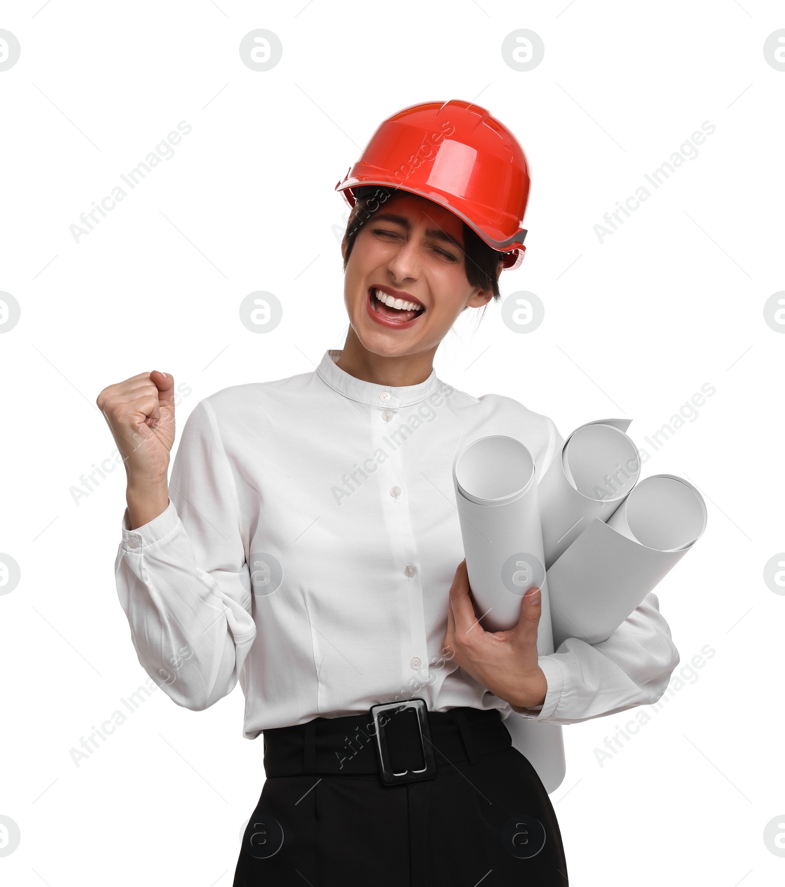 Photo of Architect with hard hat and drafts on white background