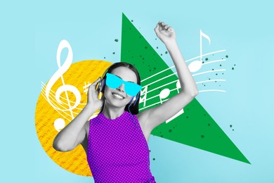 Woman in drawn sunglasses dancing on bright background, creative collage. Stylish art design