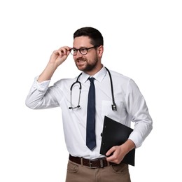 Photo of Portrait of happy doctor with stethoscope and clipboard on white background