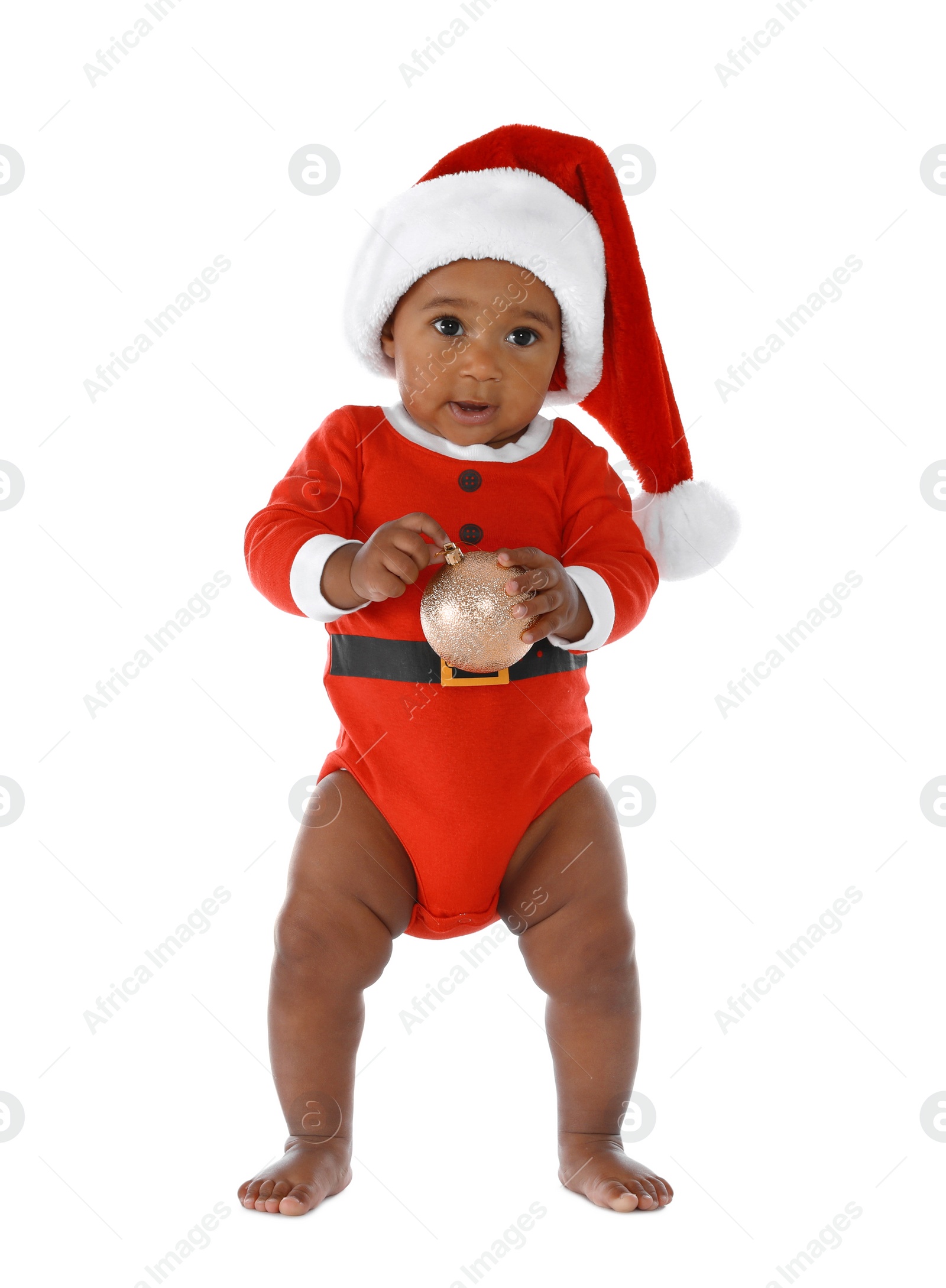 Photo of Cute African-American baby wearing festive Christmas costume on white background