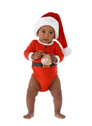 Cute African-American baby wearing festive Christmas costume on white background